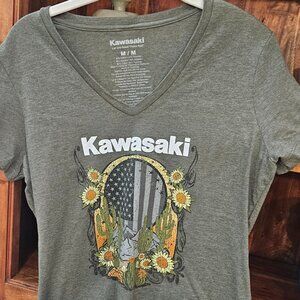 Kawasaki Branded Let The Good Times Roll Graphic V-Neck Motorcycle Shirt (M)